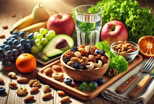 A healthy meal including a variety of dry fruits like almonds, walnuts, cashews, and raisins placed in a bowl alongside a glass of water, fresh fruits