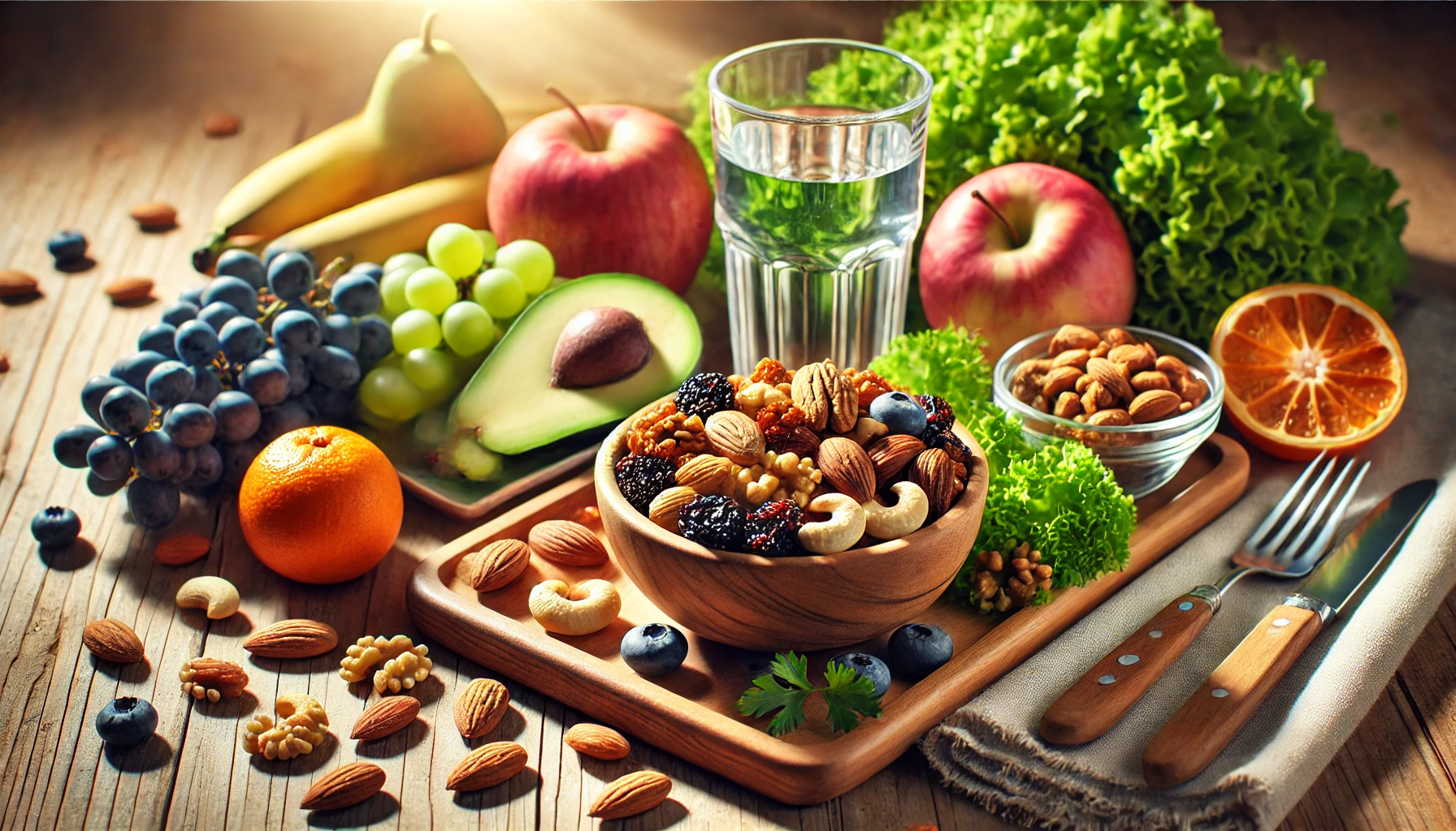 A healthy meal including a variety of dry fruits like almonds, walnuts, cashews, and raisins placed in a bowl alongside a glass of water, fresh fruits