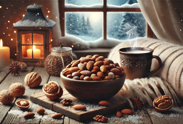 DALL·E 2024-12-16 15.27.04 - An aesthetic winter-themed image showing a bowl of mixed almonds and walnuts placed on a rustic wooden surface. The bowl is surrounded by cozy element