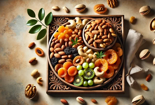 A vibrant and visually appealing image of a premium assortment of dry fruits arranged beautifully in a decorative wooden tray, including almonds, cash